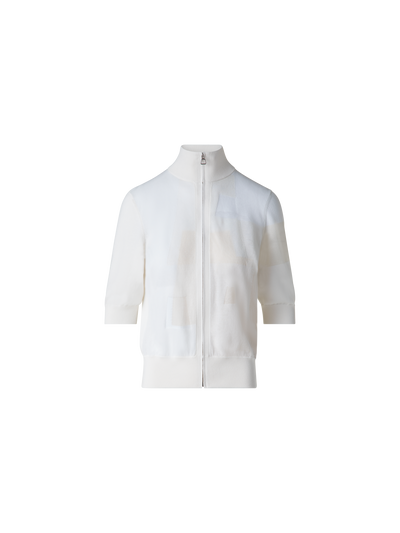 Designer Cotton Knit Cardigan with Trpezoid Jacquard  - ecru - white