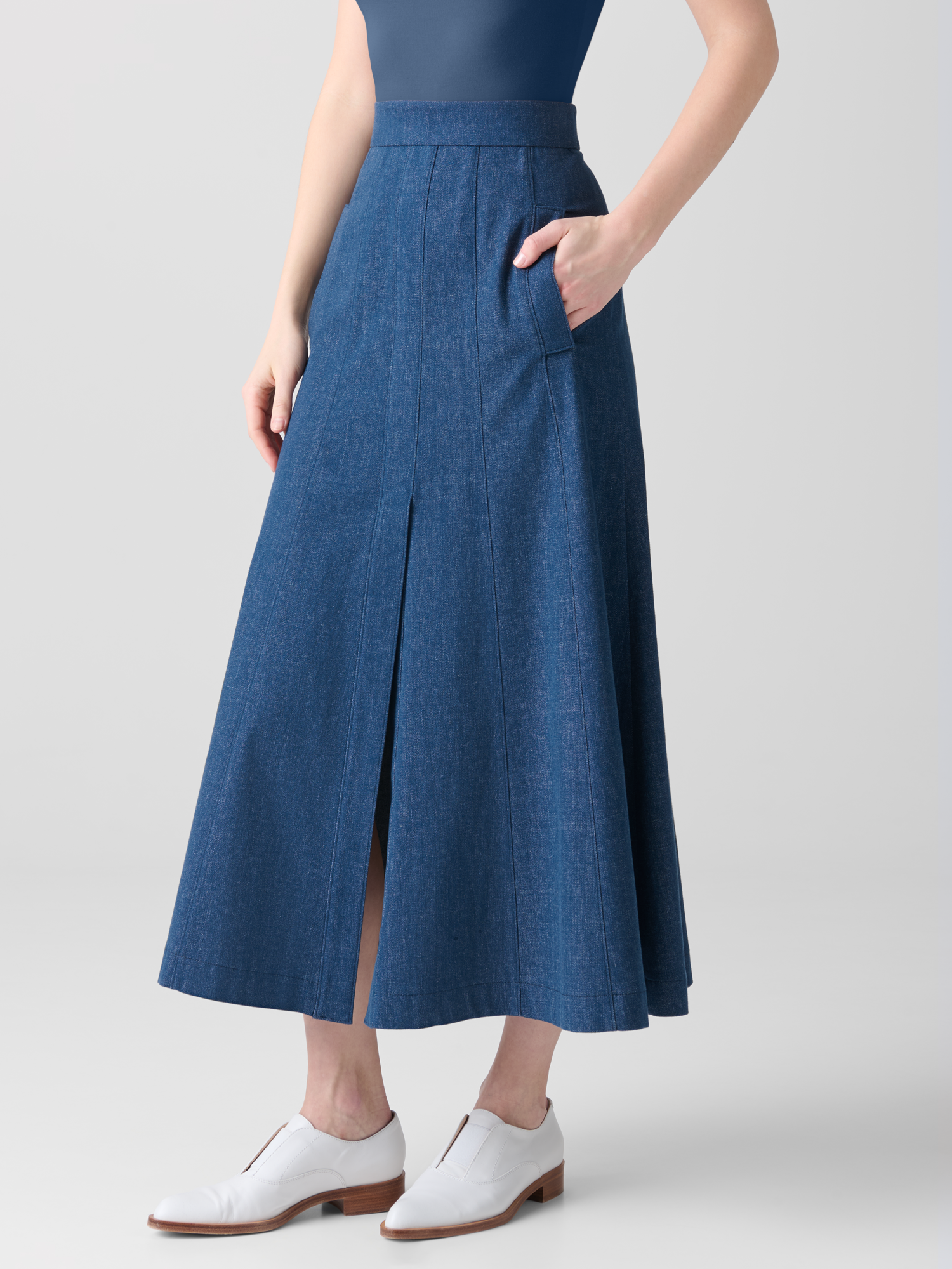 Designer A-Line Cotton Denim Midi Skirt - blue