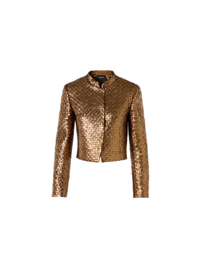 Designer Short Metal Braid Jacket with Satin Details - gold