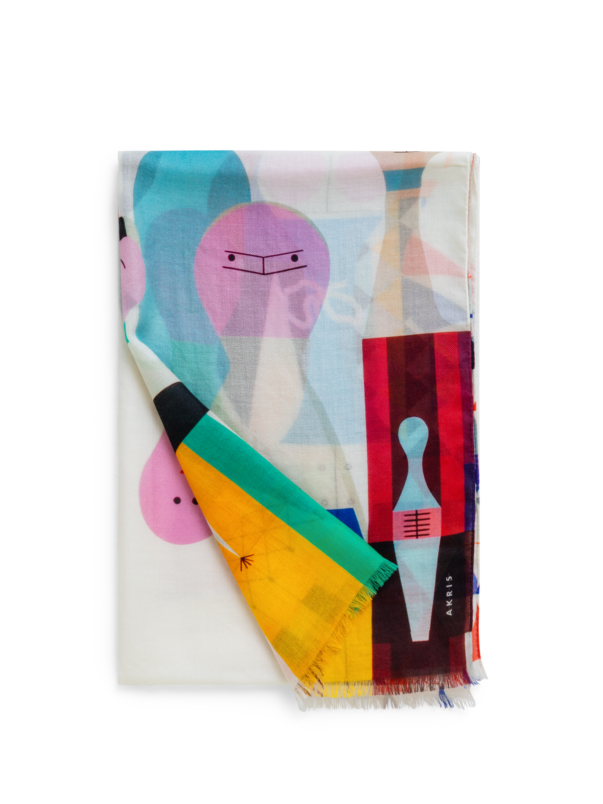 Designer Cashmere Silk Scarf with Wooden Dolls Print - multicolor