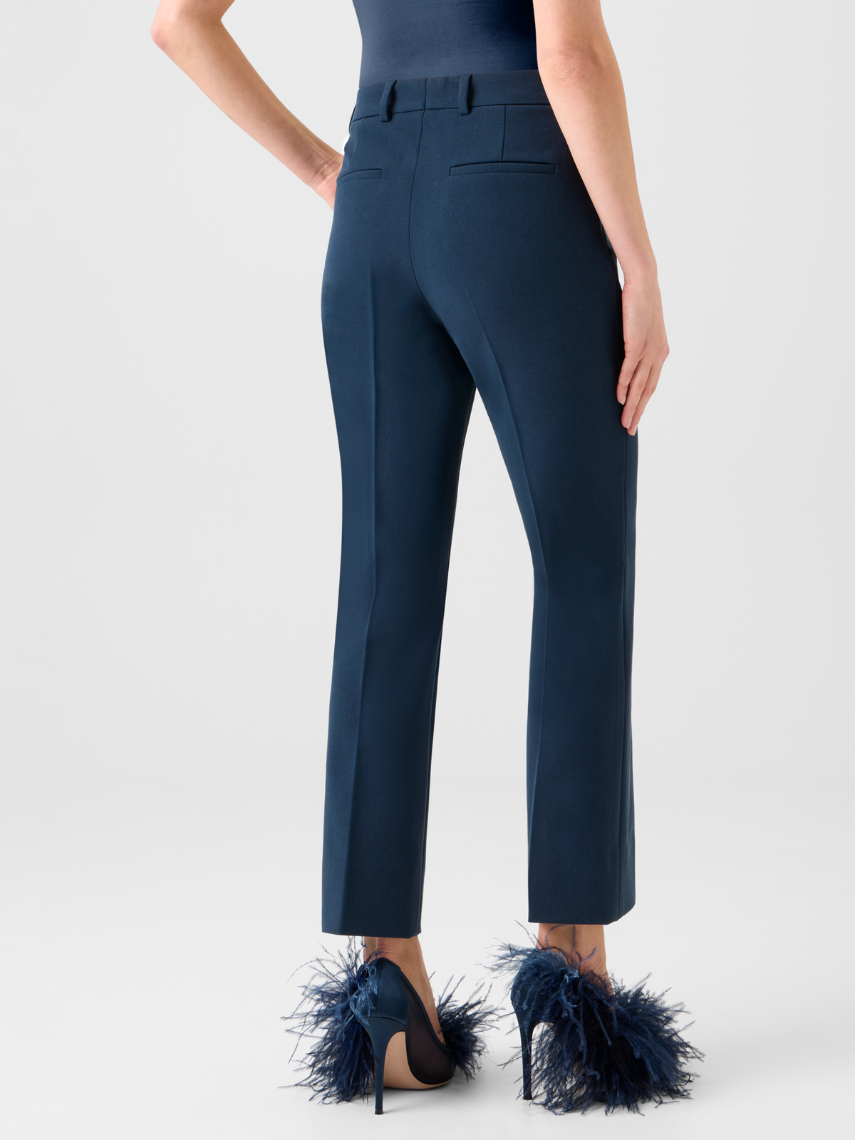 Designer Cropped Straight Stretch Lyocell Wool Pants - neutral - navy - blue #editorial