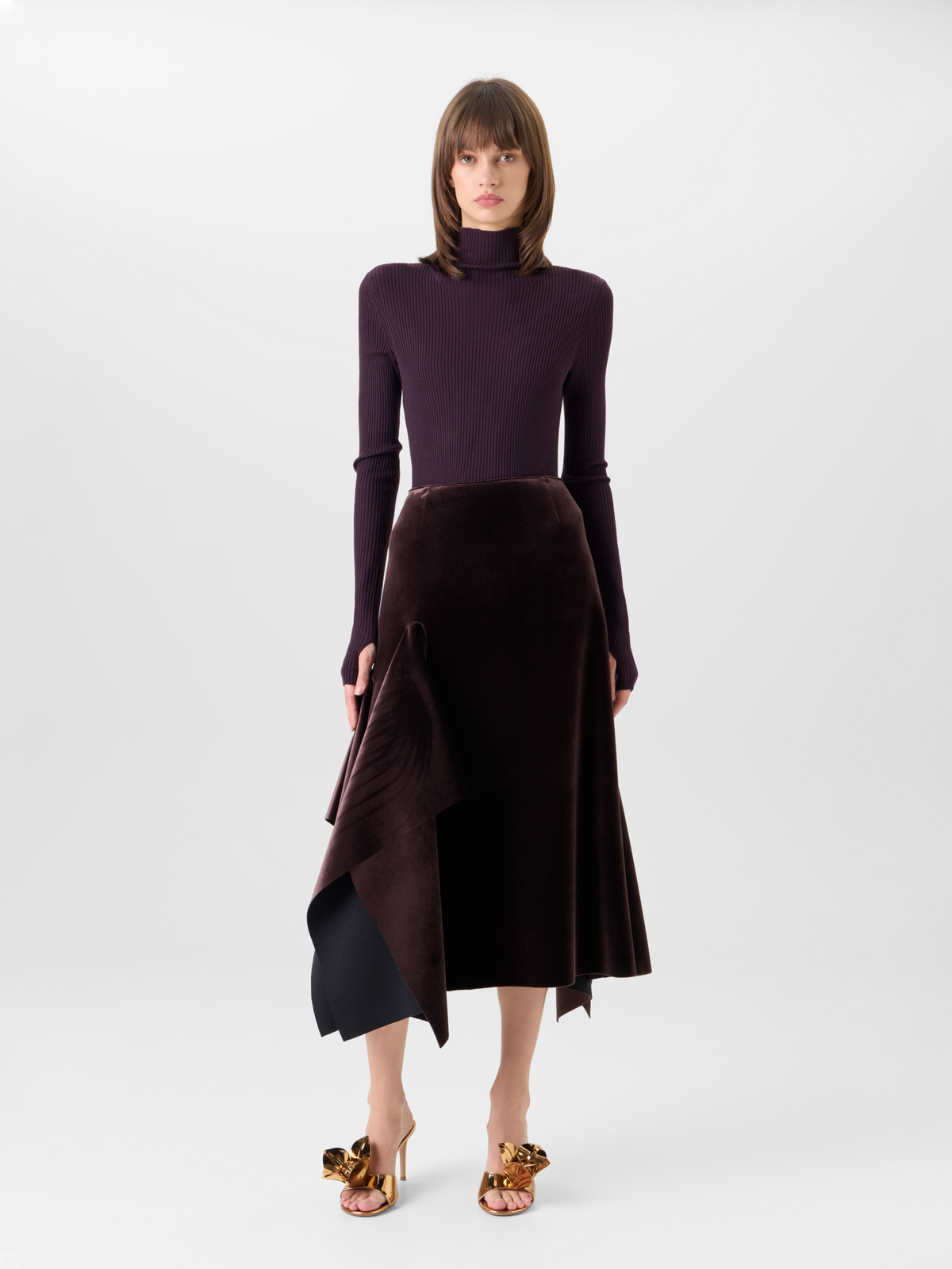 Designer Asymmetrical Velvet Neoprene Midi Skirt - wine 