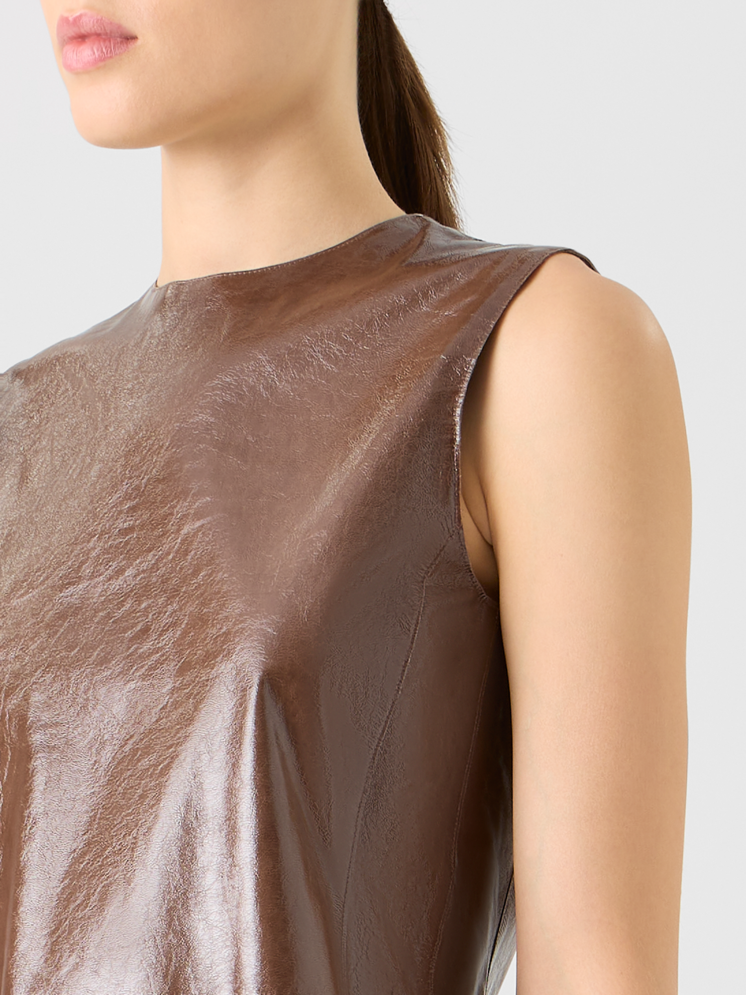Designer Sleeveless Lacquered Leather Top - brown 