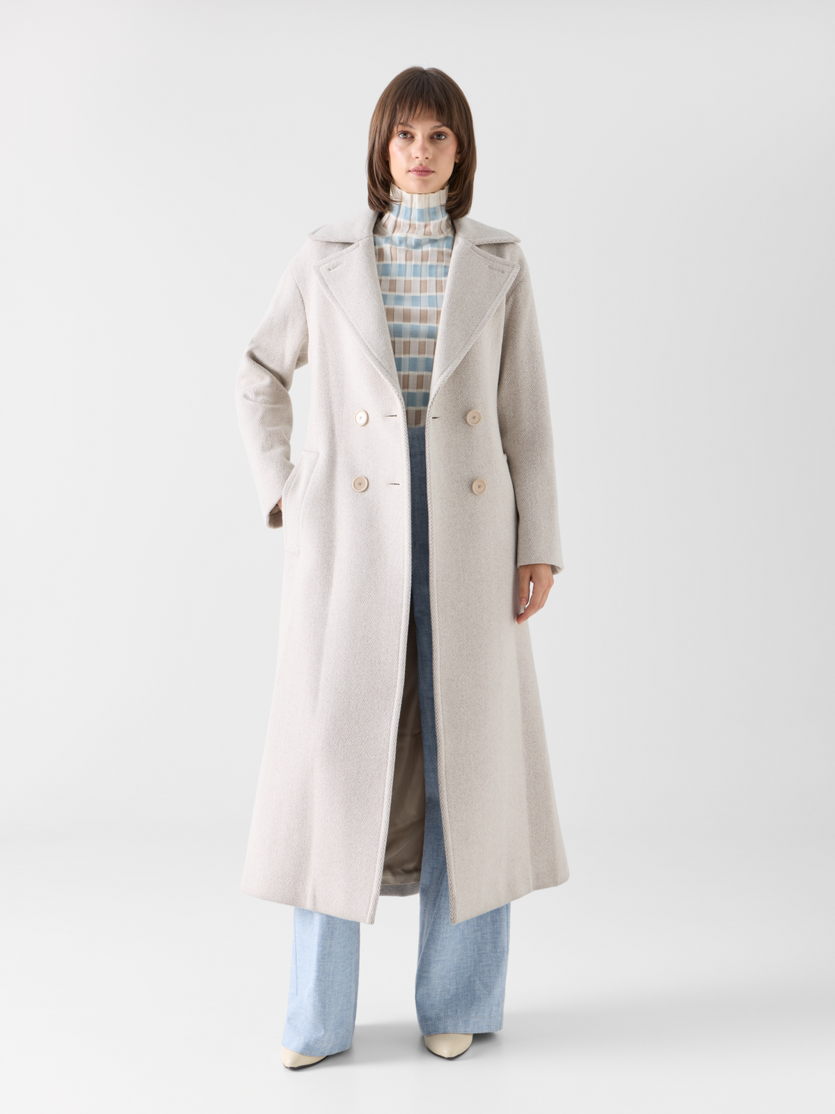 Designer Herringbone Wool-Blend Maxi Coat - beige 