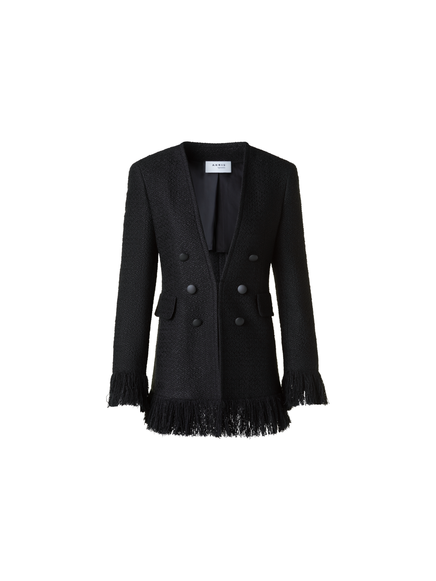 Designer Double-Breasted Illusion Jacket with Fringes - black - neutral
