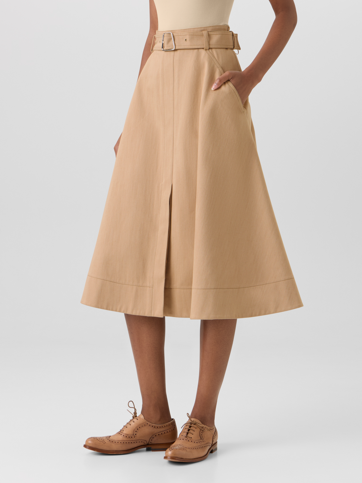 Designer Stretch-Cotton Denim Midi Skirt - beige #editorial