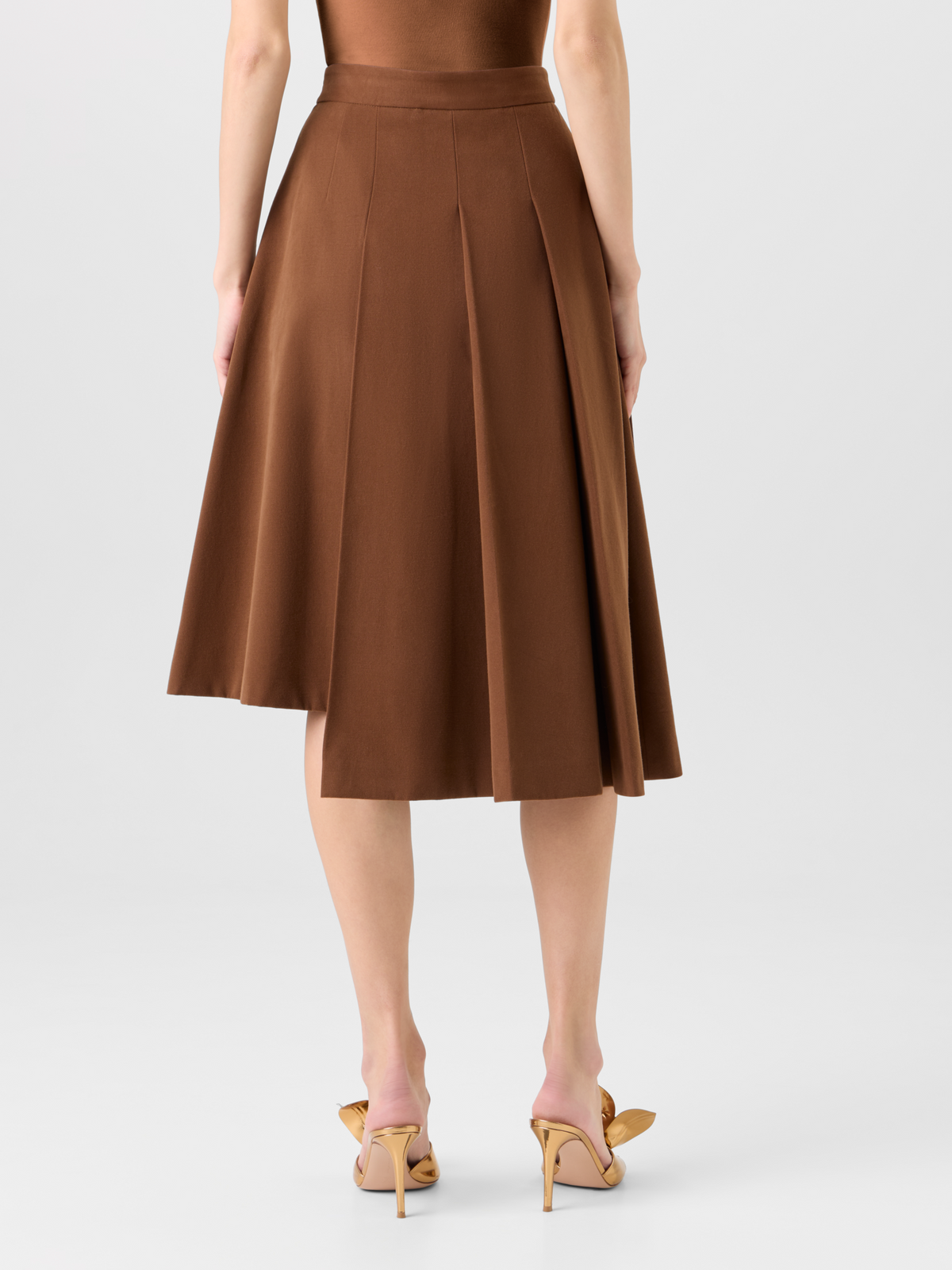 Designer Side Pleated Midi Skirt in Cotton Wool Gabardine - brown 