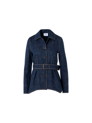 Designer Belted Jacket in Brushed Winter Denim - navy