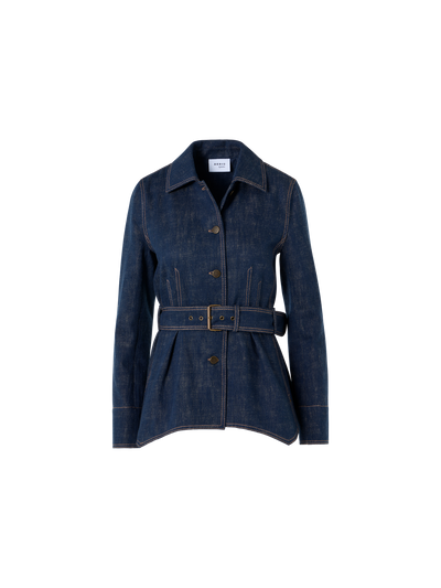 Designer Belted Jacket in Brushed Winter Denim - navy