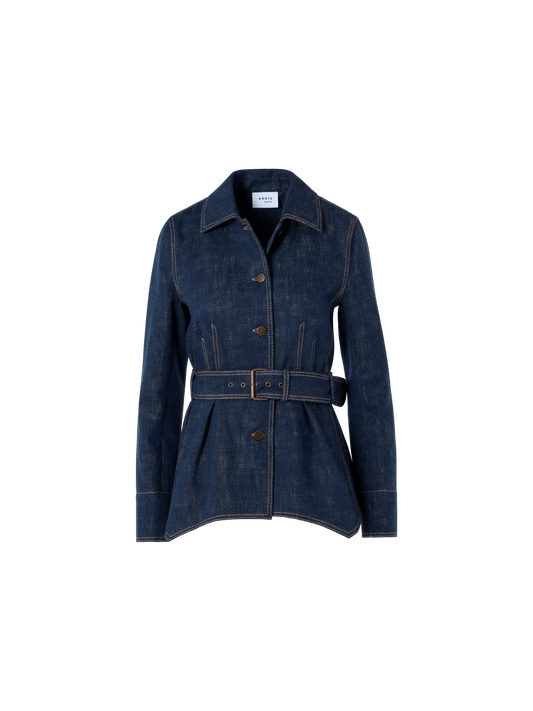 Designer Belted Jacket in Brushed Winter Denim - navy