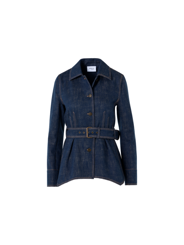 Designer Belted Jacket in Brushed Winter Denim - navy