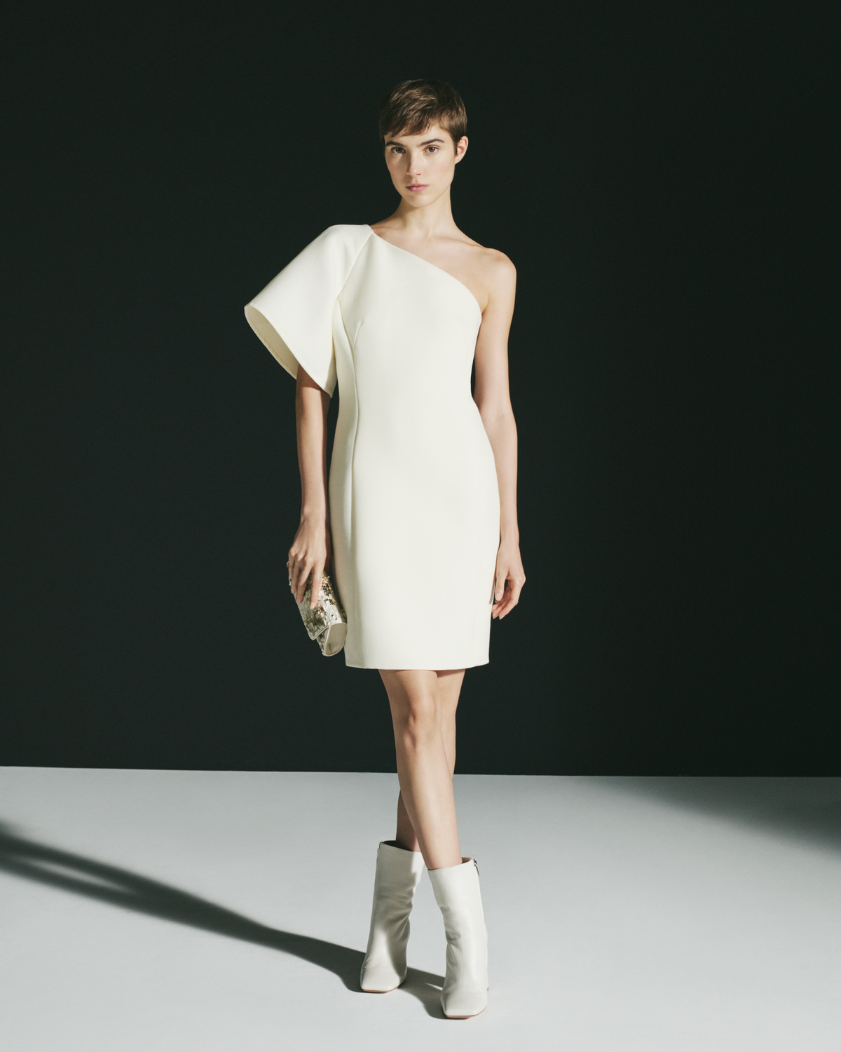 Designer One-Shoulder Wool Double-Face Cocktail Dress - ecru - white #editorial