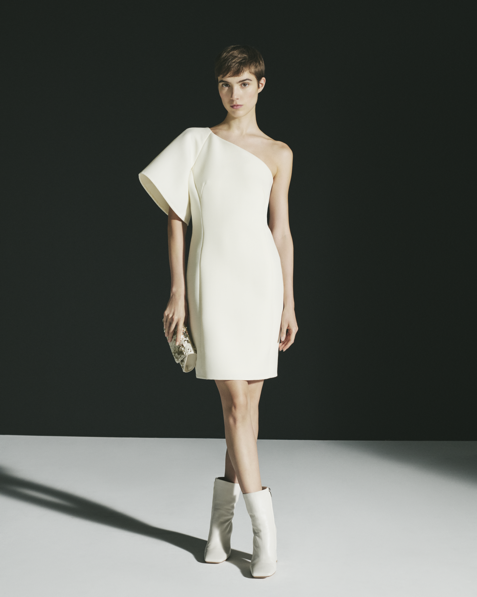 Designer One-Shoulder Wool Double-Face Cocktail Dress - ecru - white 