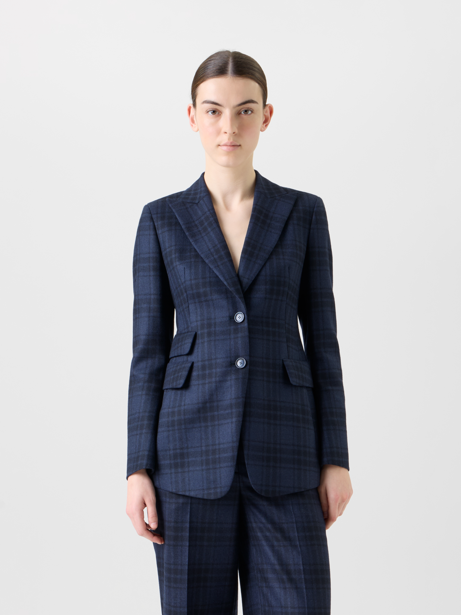 Designer Long Double-Face Plaid Blazer Jacket - neutral - navy - blue 
