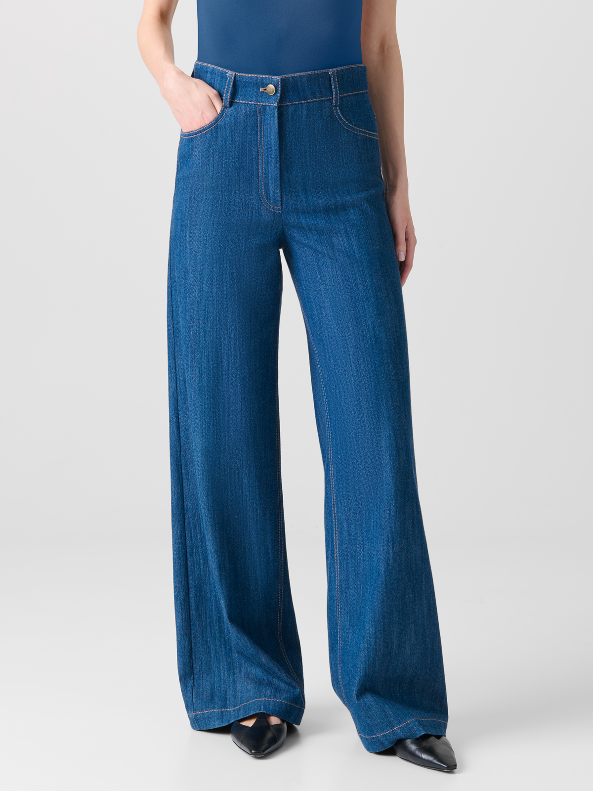 Designer Wide Cotton Denim Stretch Pants - blue #editorial