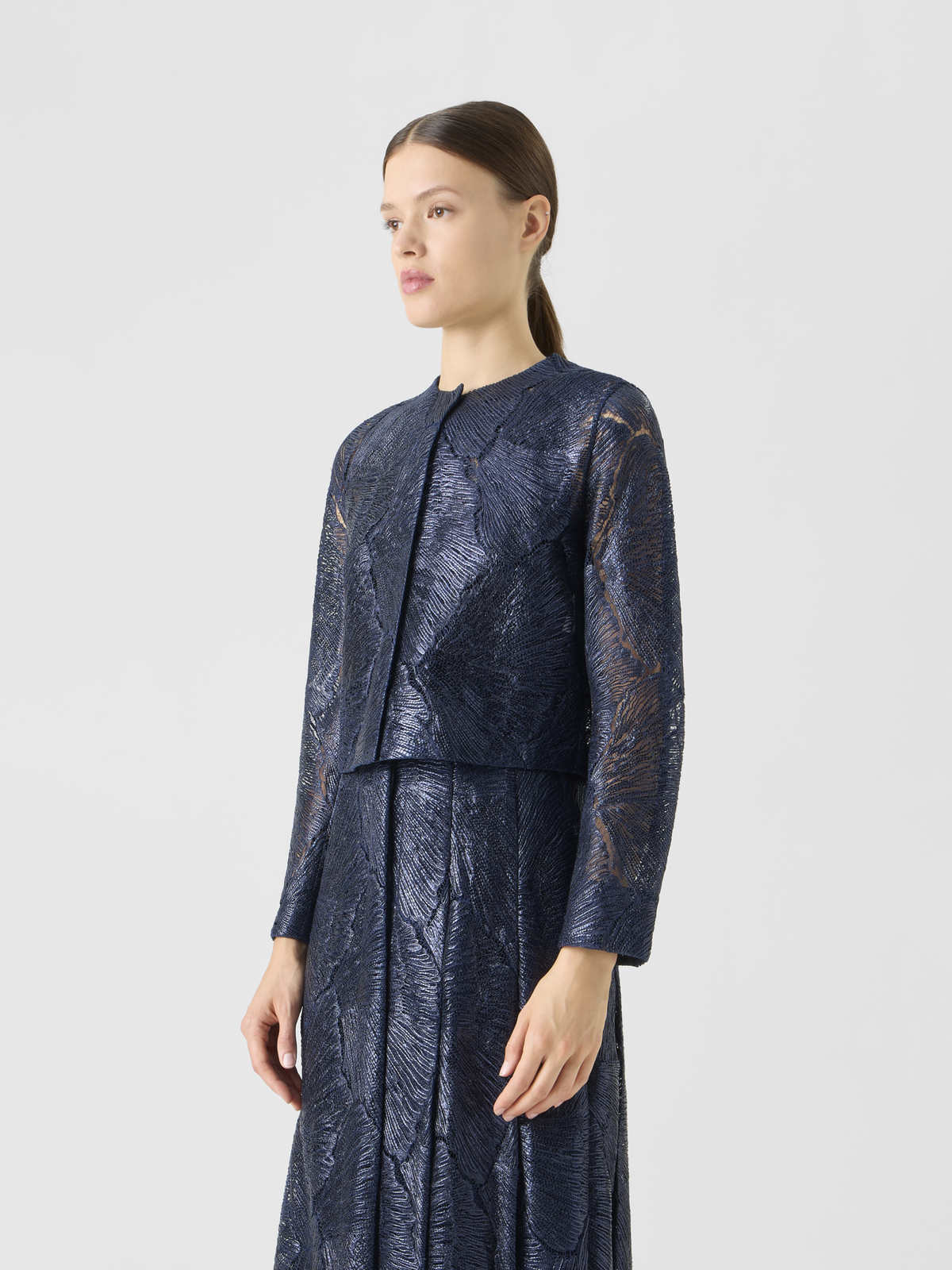 Designer Lacquered Sea Fan Lace Short Jacket - navy #editorial