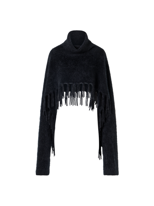 Designer Cloud Cashmere Cape Scarf with Turtleneck and Fringes - grey