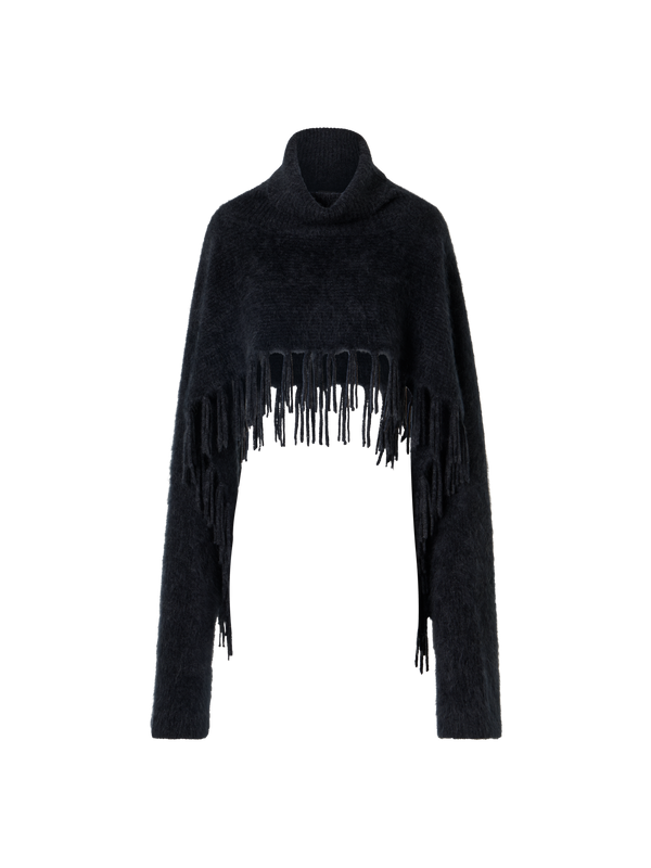Designer Cloud Cashmere Cape Scarf with Turtleneck and Fringes - grey