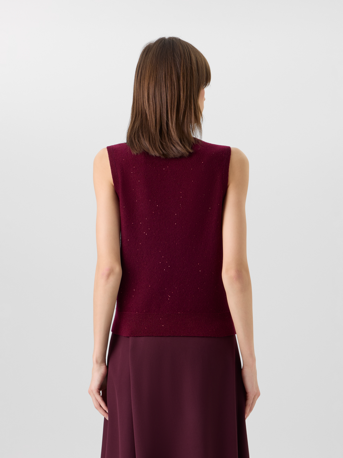 Designer Sleeveless Cashmere Lamé Top with Fine Sequins - wine - red 