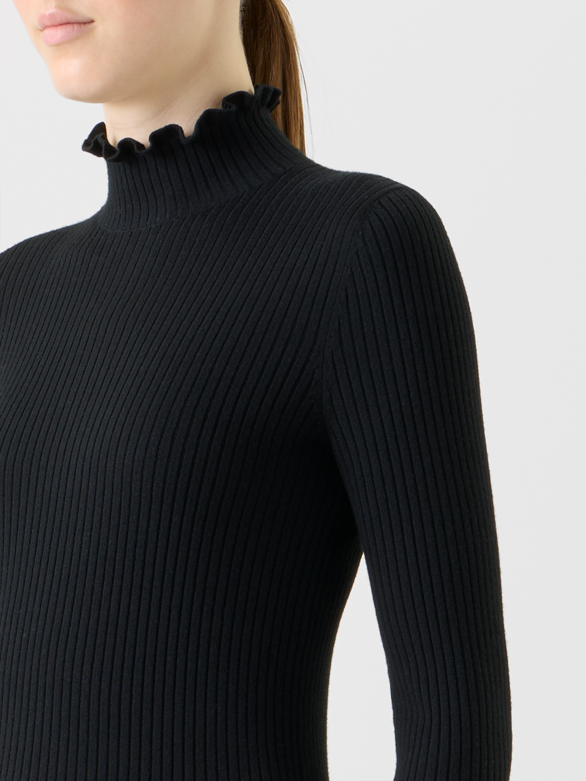 Designer Merino Wool Knit Ruffle Mock Neck Sweater - black - neutral #editorial
