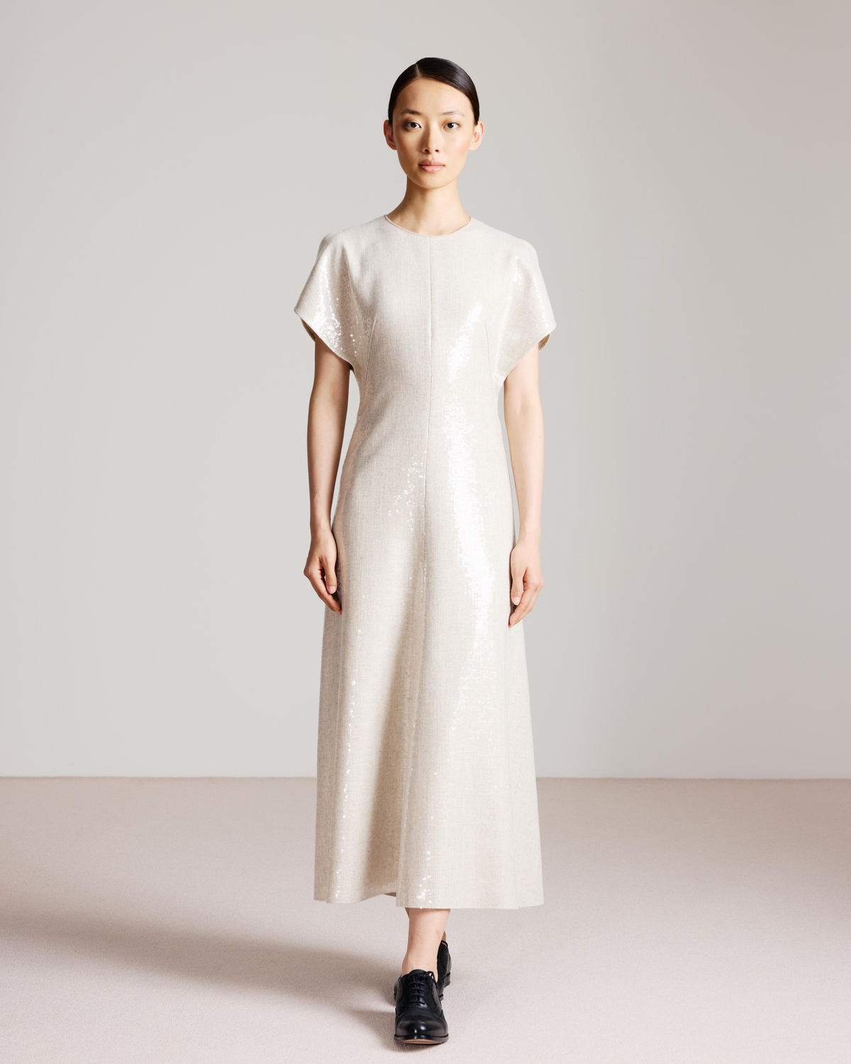 Designer Sequined Midi Gown in Linen Blend - neutral - pastel - beige #editorial