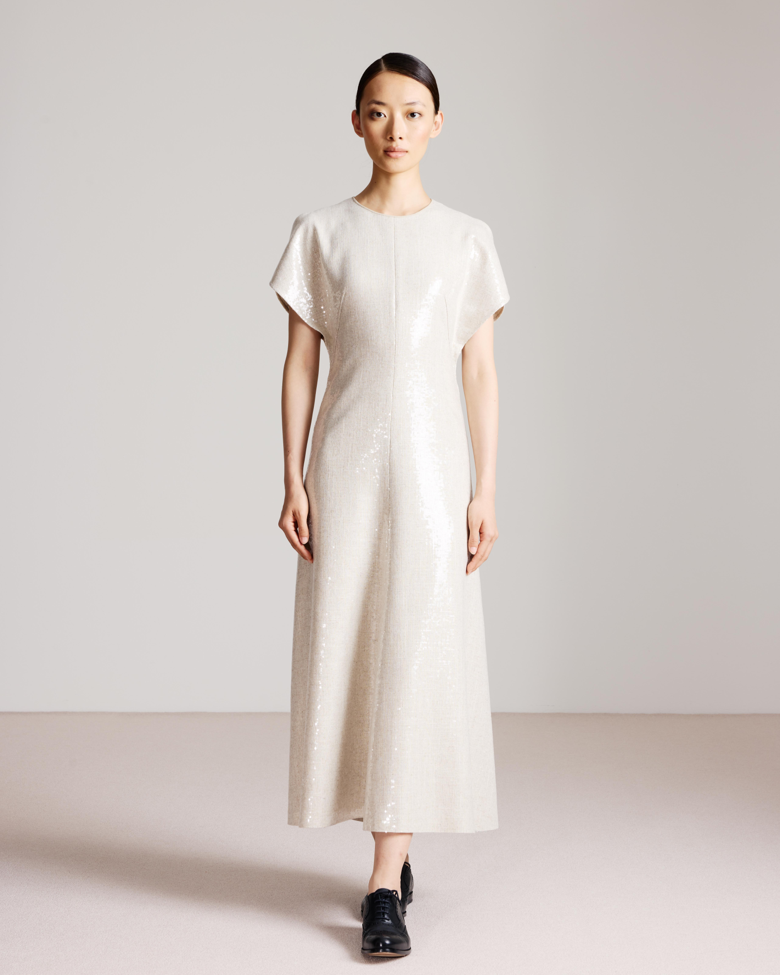 Designer Sequined Midi Gown in Linen Blend - neutral - pastel - beige 