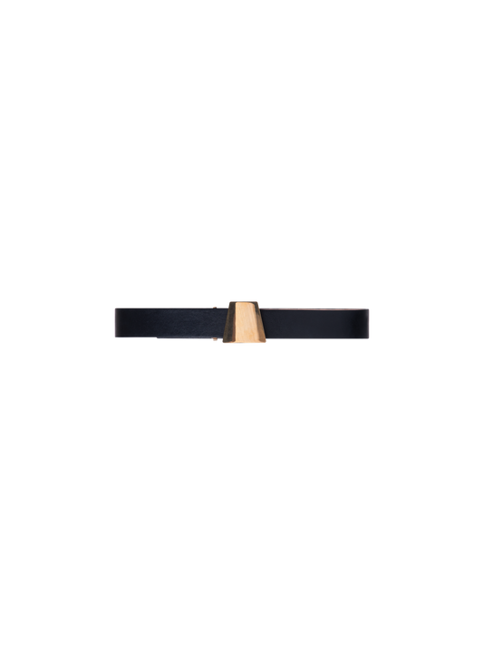 Designer Leather Belt with Gold Trapezoid Buckle - black - gold
