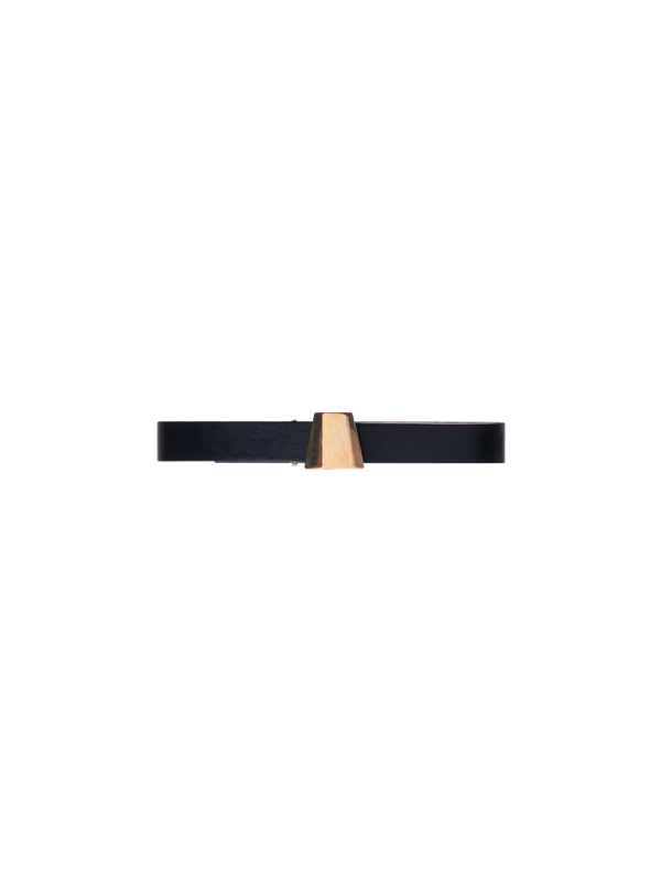 Designer Leather Belt with Gold Trapezoid Buckle - black - gold