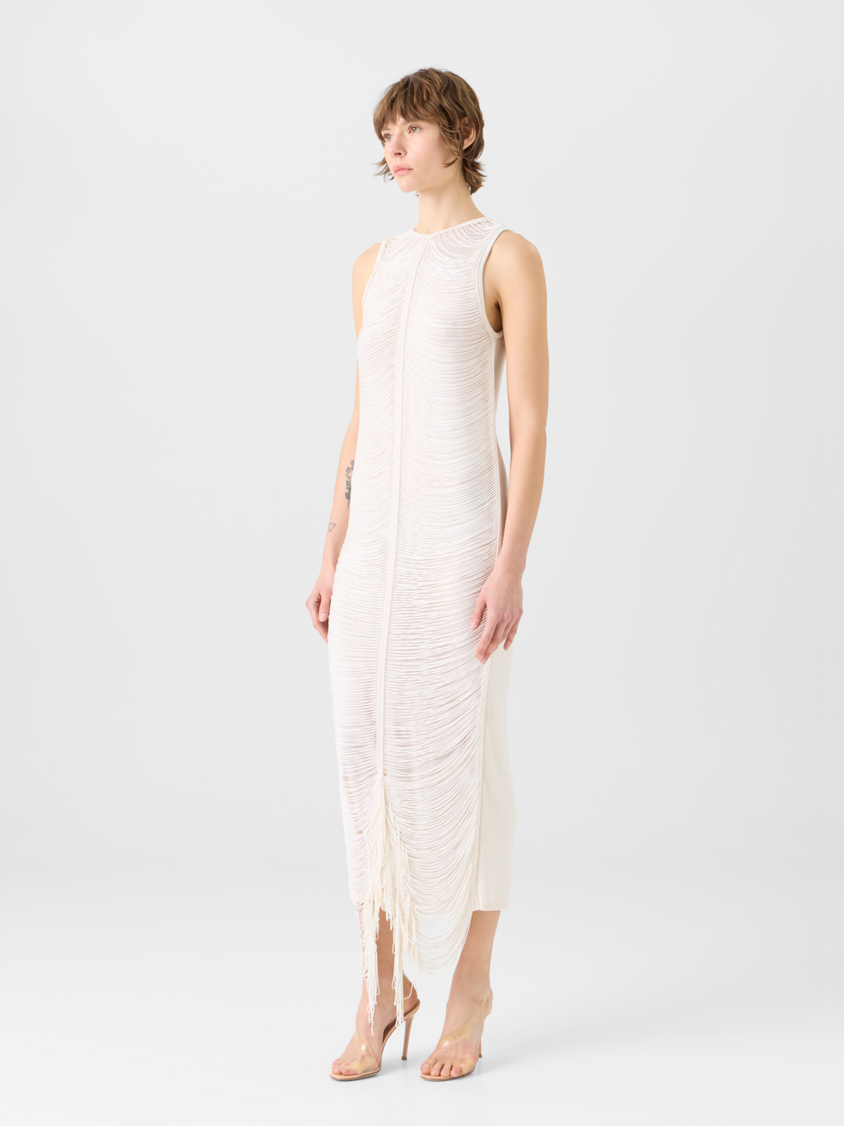 Designer Sleeveless Fringe Drape Maxi Knit Dress in Silk - ecru #editorial
