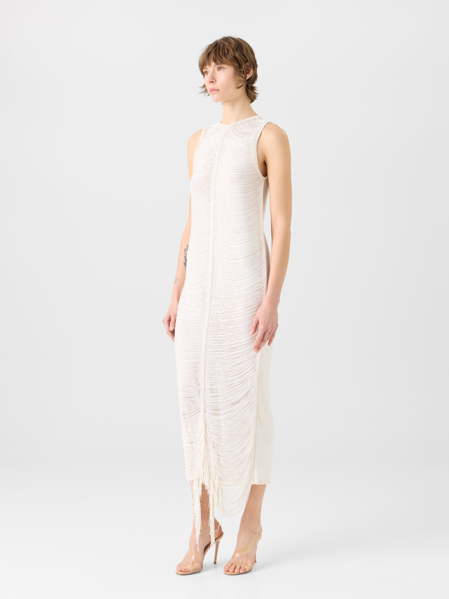 Designer Sleeveless Fringe Drape Maxi Knit Dress in Silk - ecru 
