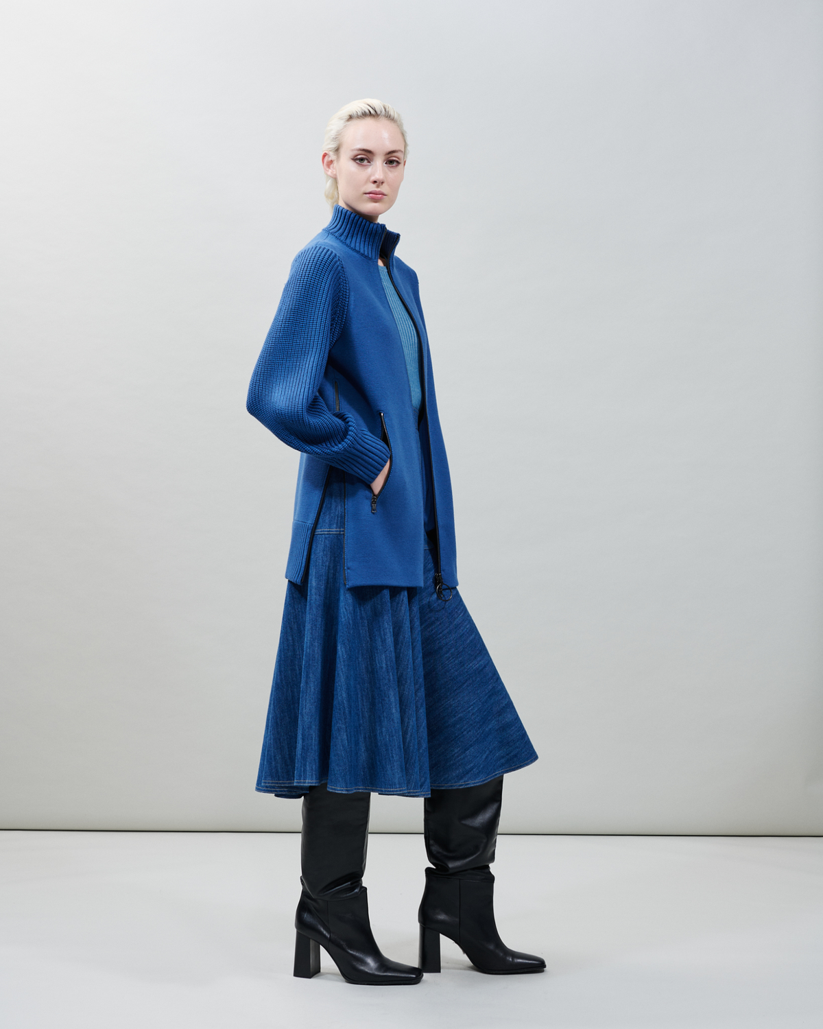 Designer Long Merino Knit Cardigan with Chunky Sleeves - blue #editorial