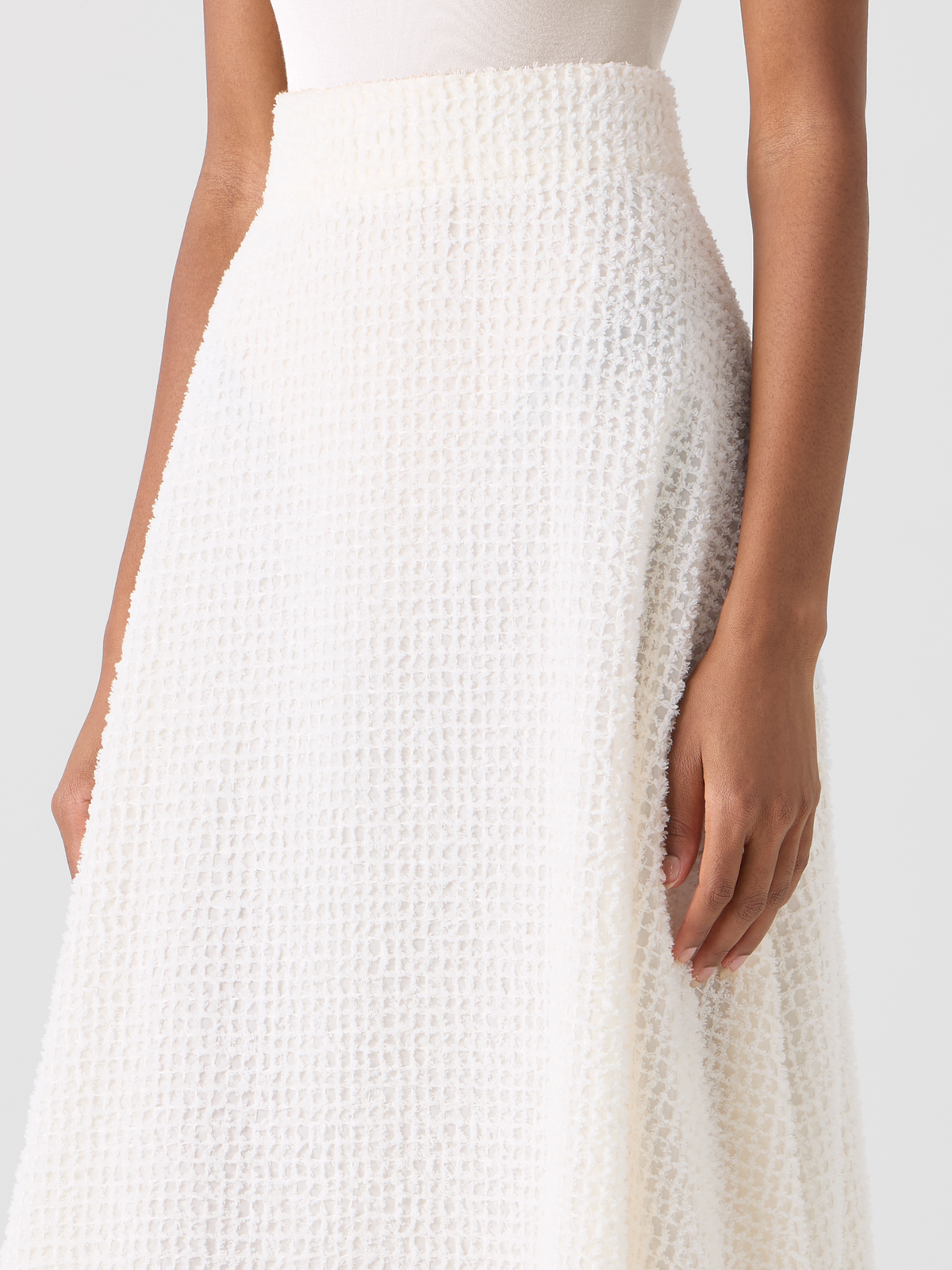 Designer Flared Midi Skirt in Fringed Grid - ecru #editorial