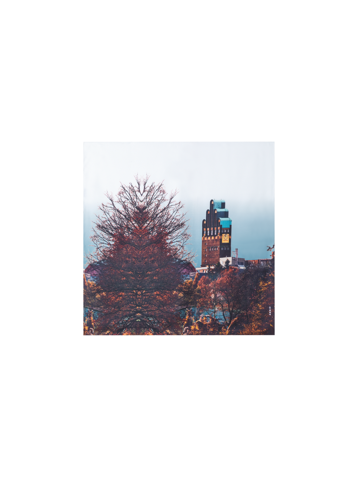 Designer Scarf in Silk with Wedding Tower Print - multicolor