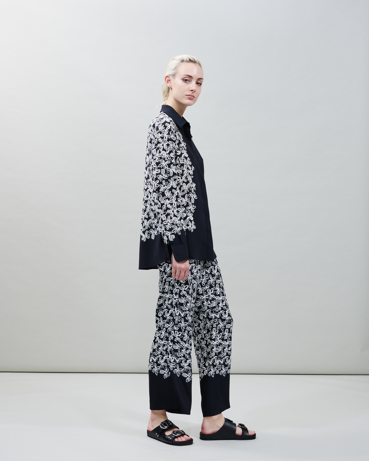 Designer Silk Blouse with Daisy Print - black - neutral - multicolor #editorial