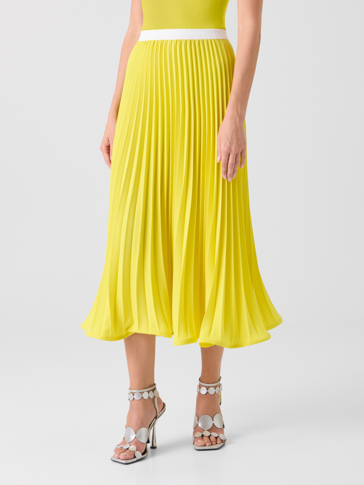 Designer A-Line Plissé Pleated Midi Skirt - yellow #editorial