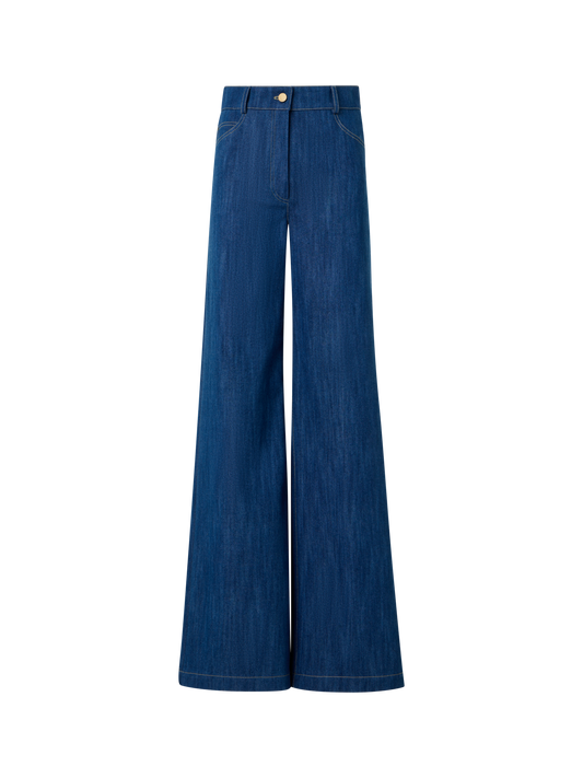 Designer Cooper Wide Leg Stretch Cotton Denim Pants - navy - blue