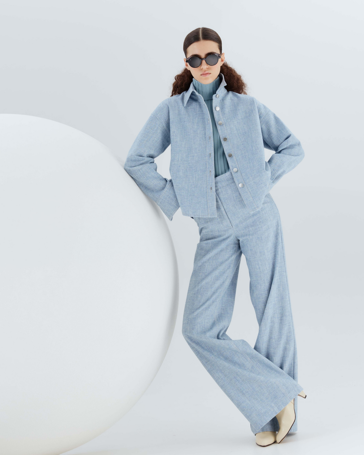 Designer High Rise Wide Leg Pants in Brushed Winter Denim - blue #editorial