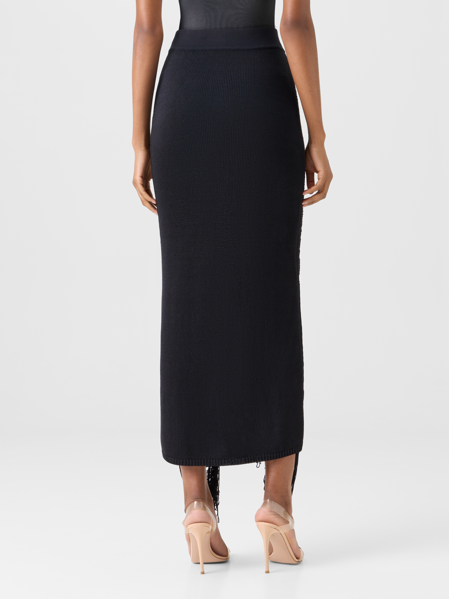 Designer Fitted Fringe Drape Silk Knit Pencil Skirt - black