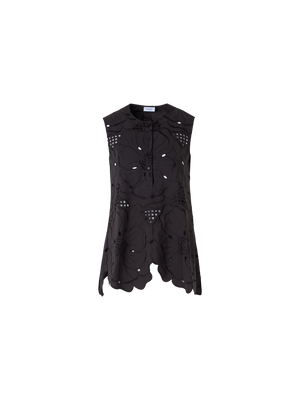 Designer Sleeveless Flower Eyelet Tunic Blouse - black