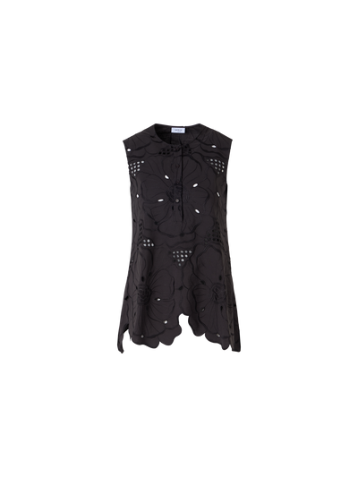 Designer Sleeveless Flower Eyelet Tunic Blouse - black