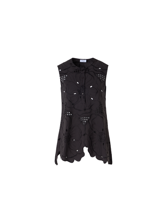 Designer Sleeveless Flower Eyelet Tunic Blouse - black