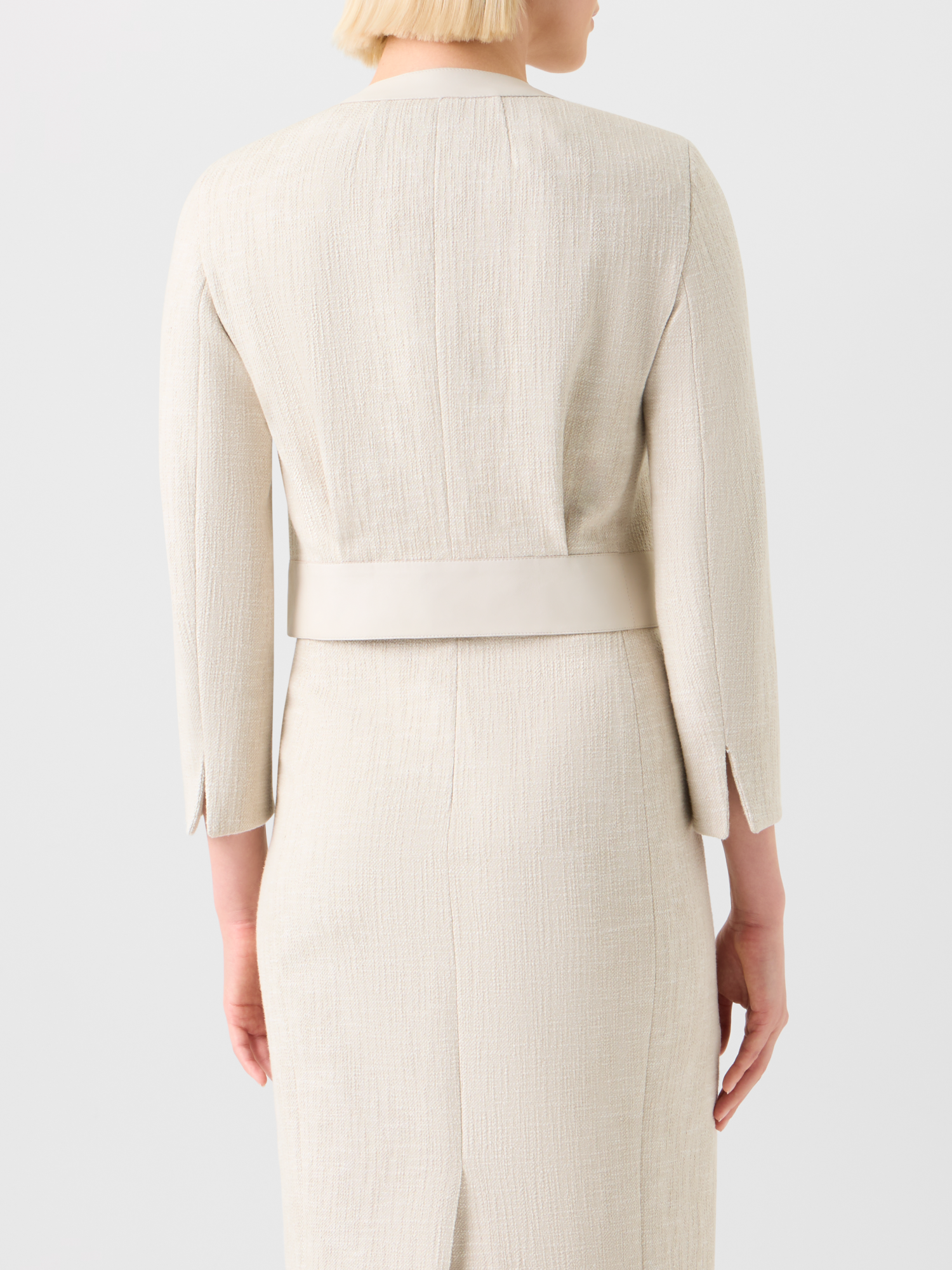 Designer Short Jacket in Cotton Denim with Leather Trim - neutral - ecru - white 