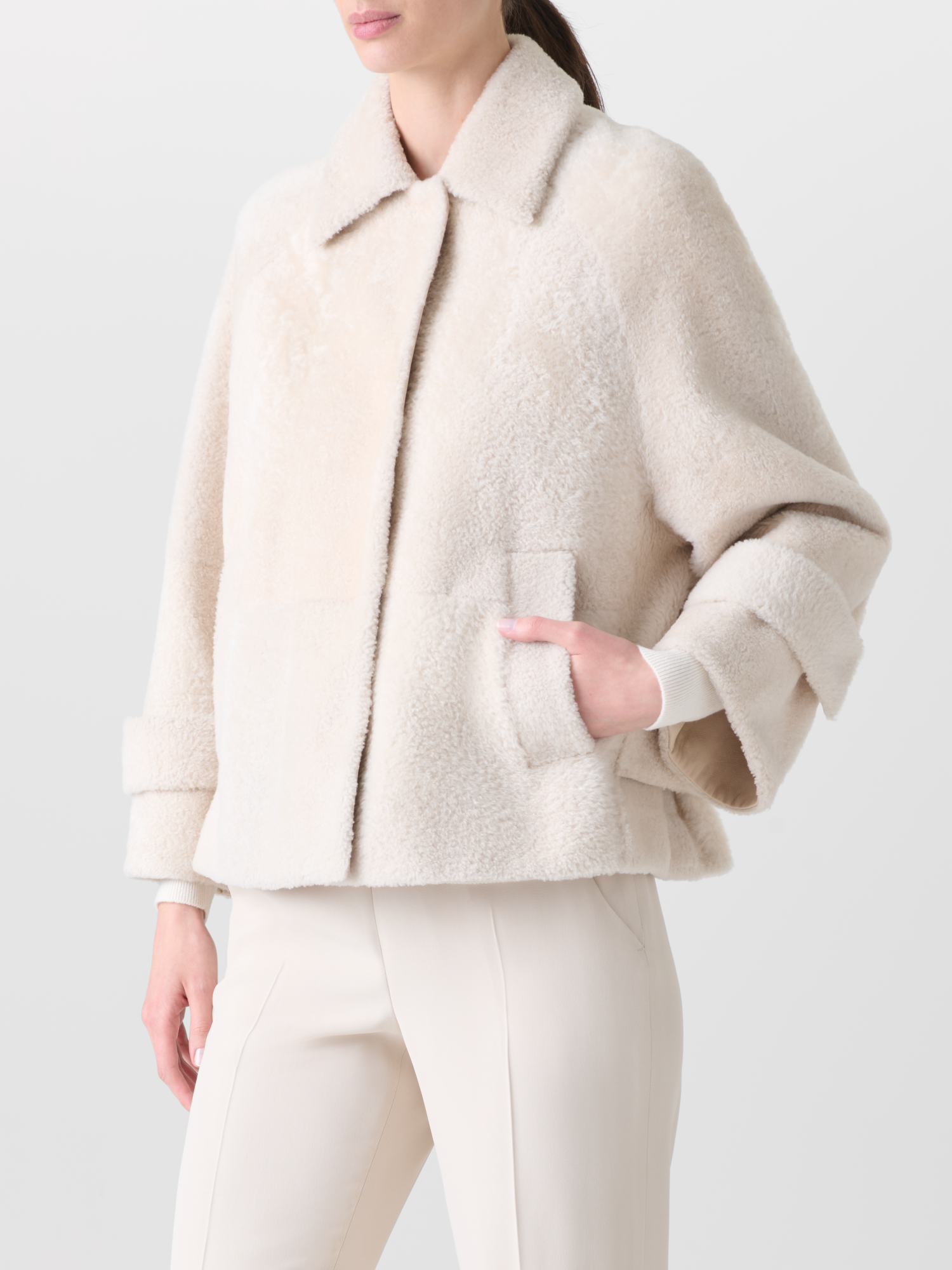 Designer Short A-Line Shearling Jacket - neutral - ecru - white 