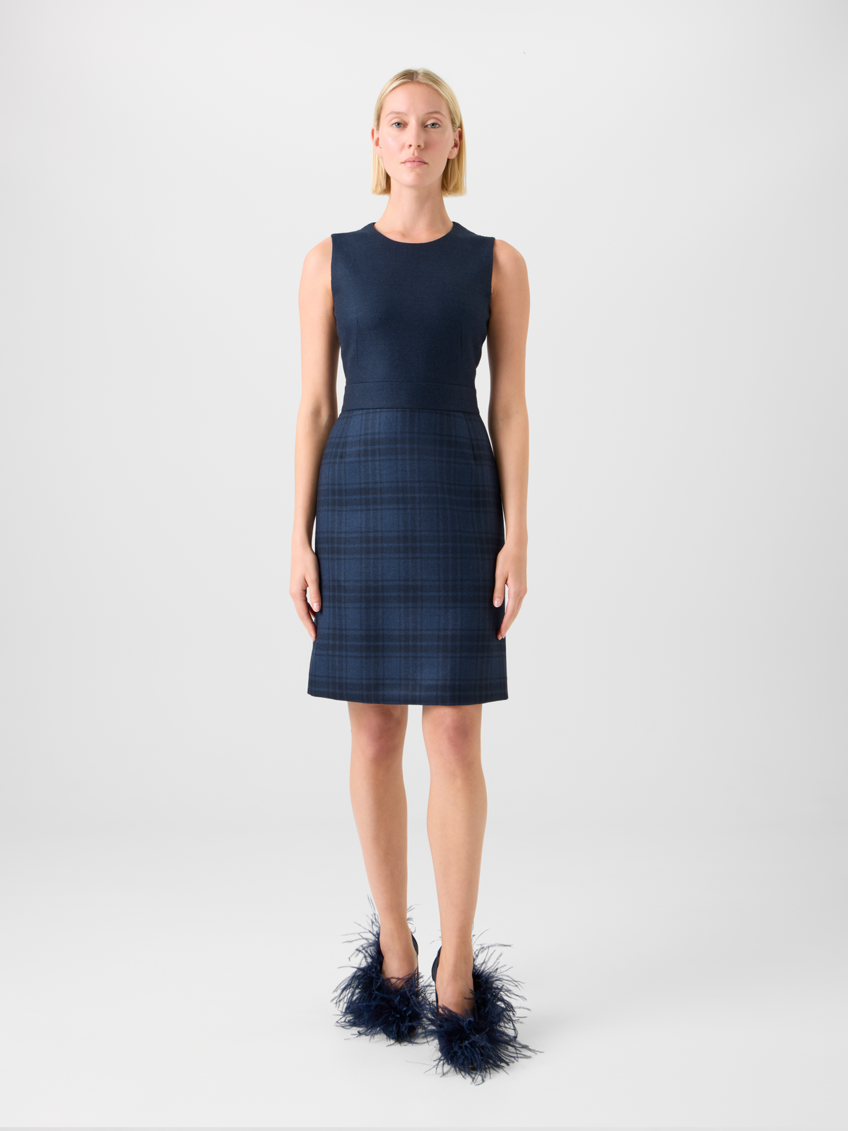Designer Short Wool Double-Face Plaid A-Line Dress - neutral - navy - blue #editorial