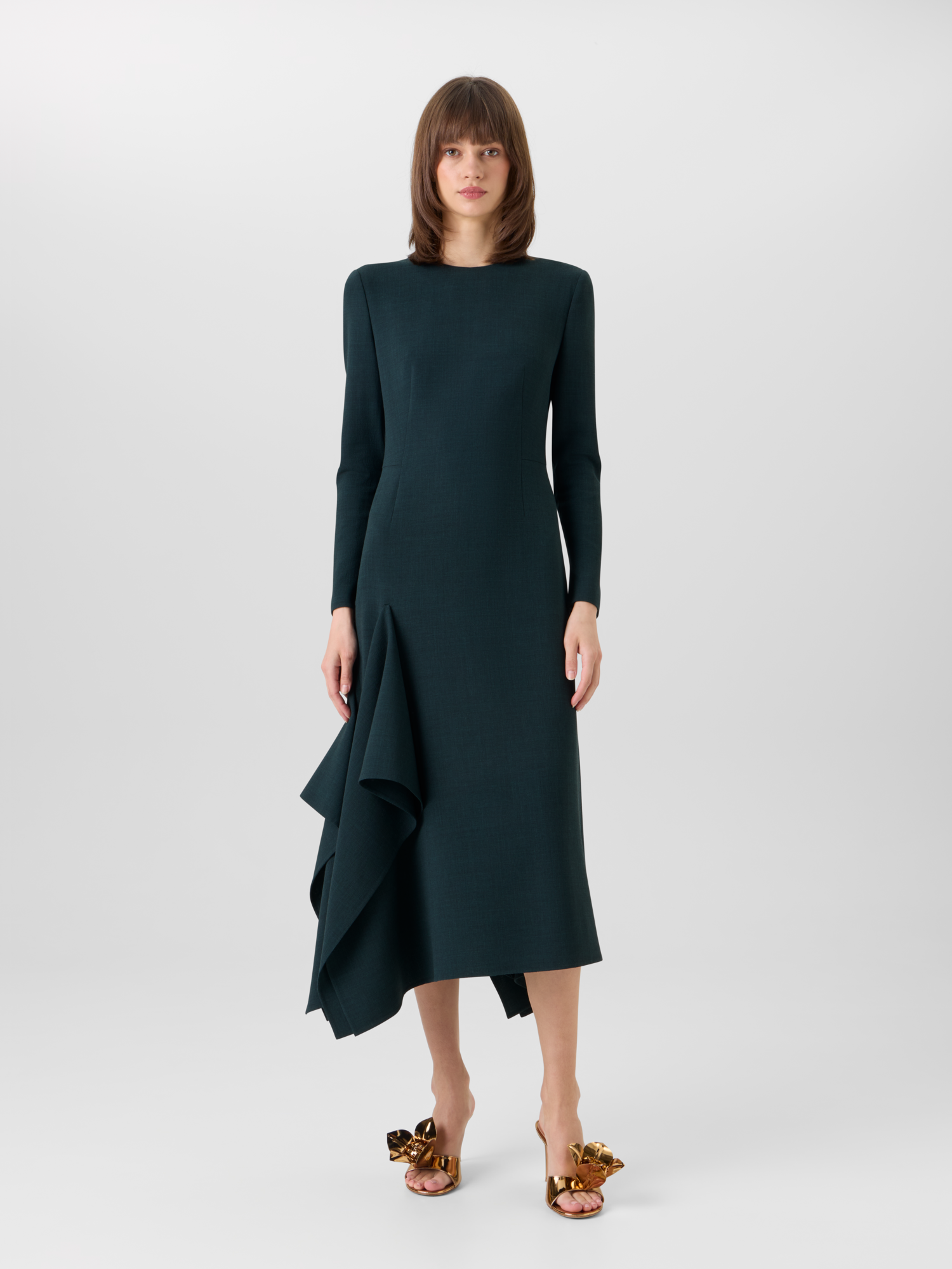 Designer Flared Midi Dress with Asymmetrical Skirt in Wool - green 