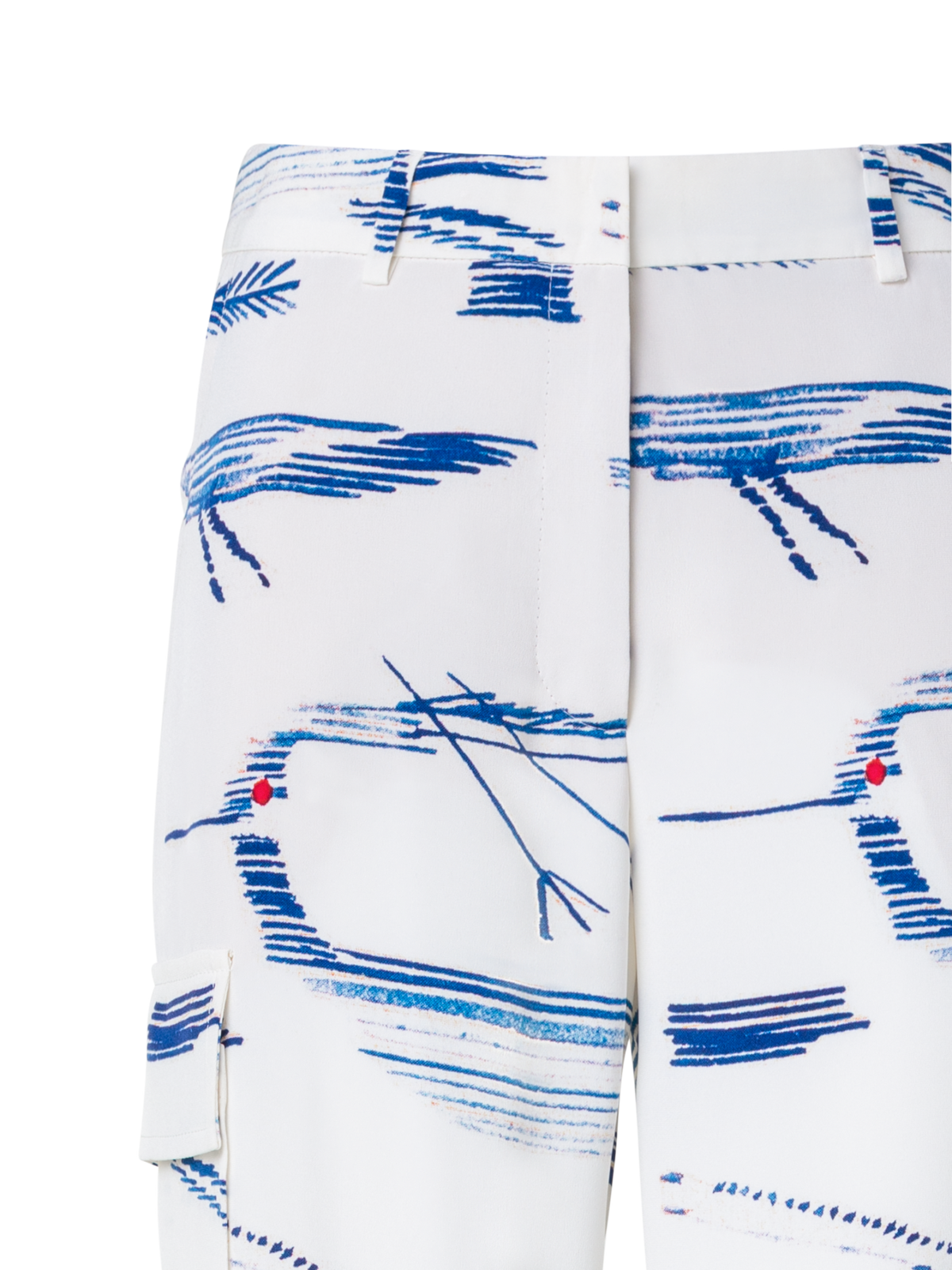 Designer Silk Cargo Pants with Kasuri Birds Print - blue - multicolor - ecru - white