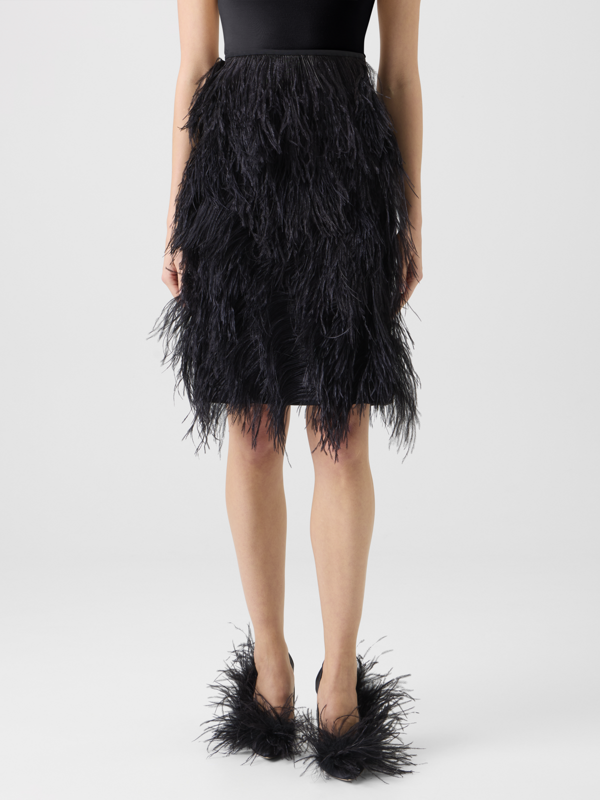 Designer Wool Double-Face Feathered Pencil Skirt - black - neutral 