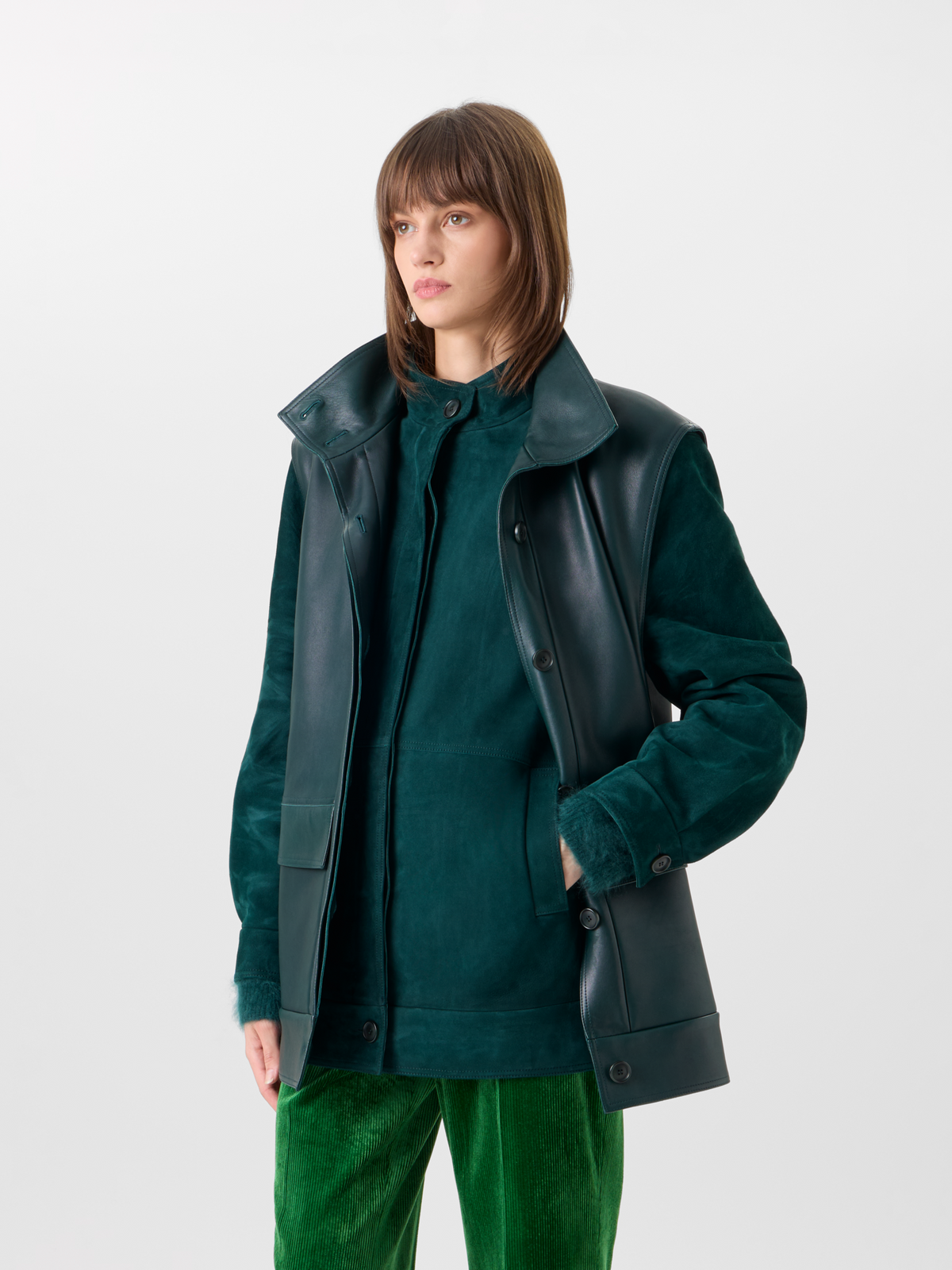Designer Suede Blouson with Nappa Leather Gilet - green #editorial