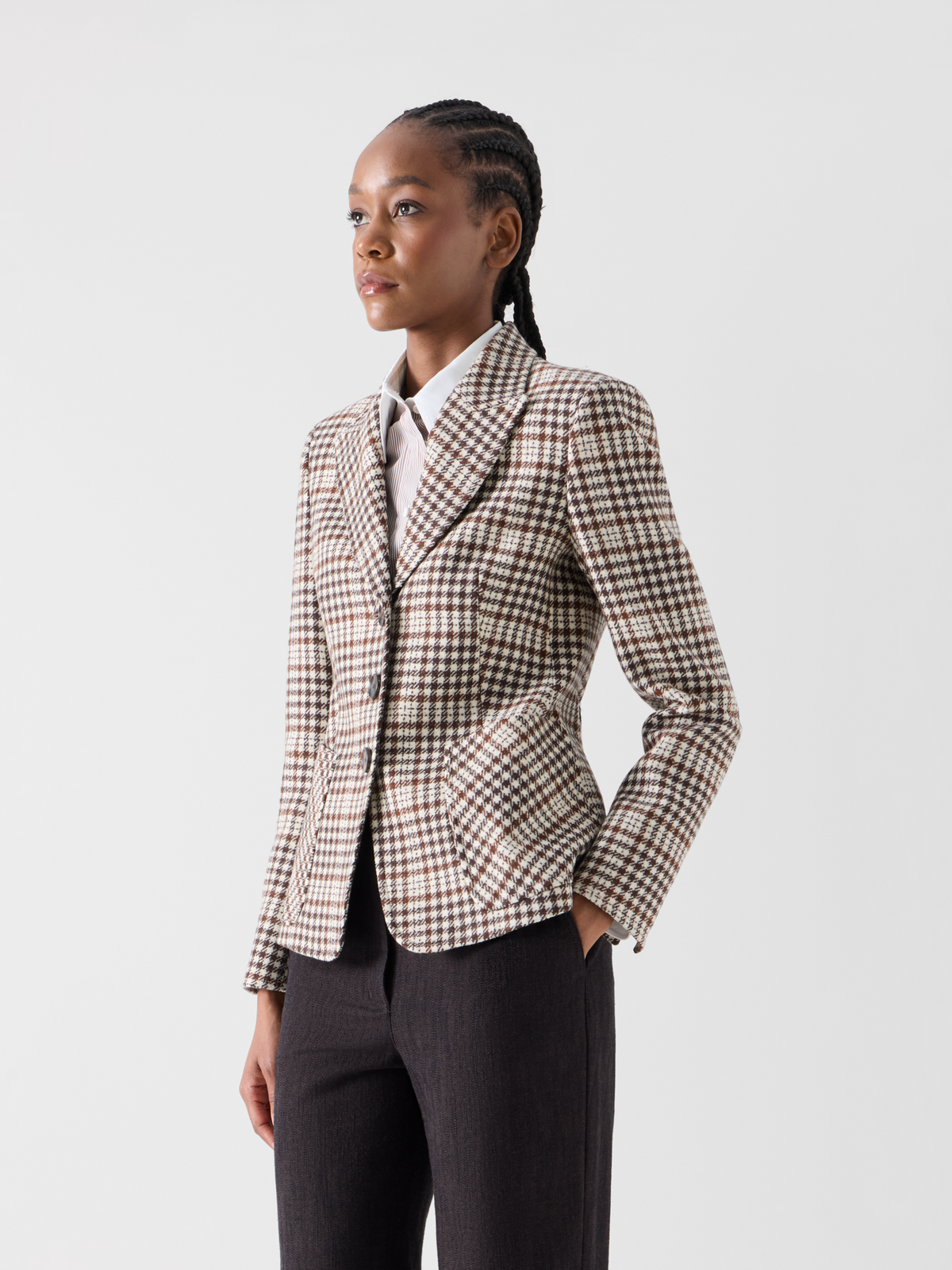 Designer Fitted Jacket in Check Wool Blend Tweed - multicolor - brown 