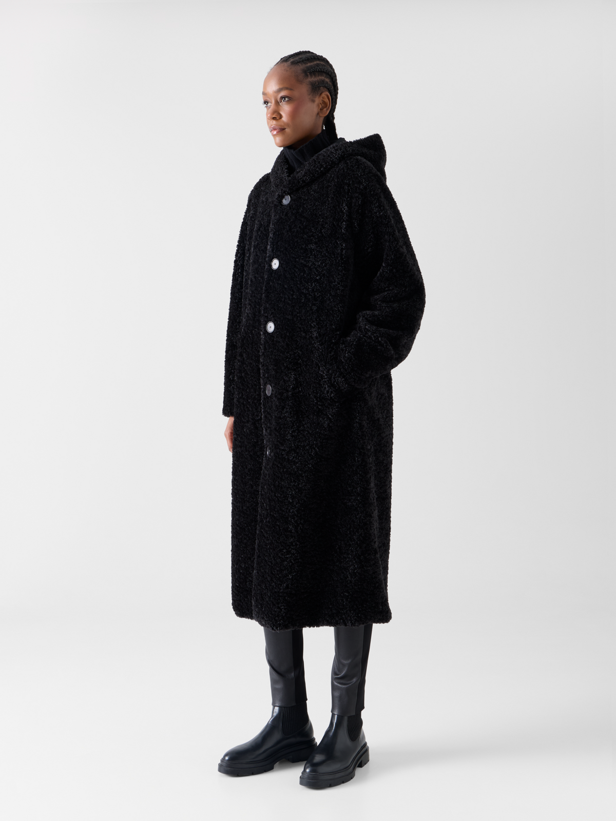 Designer Reversible Oversize Hooded Faux Fur Coat - black 